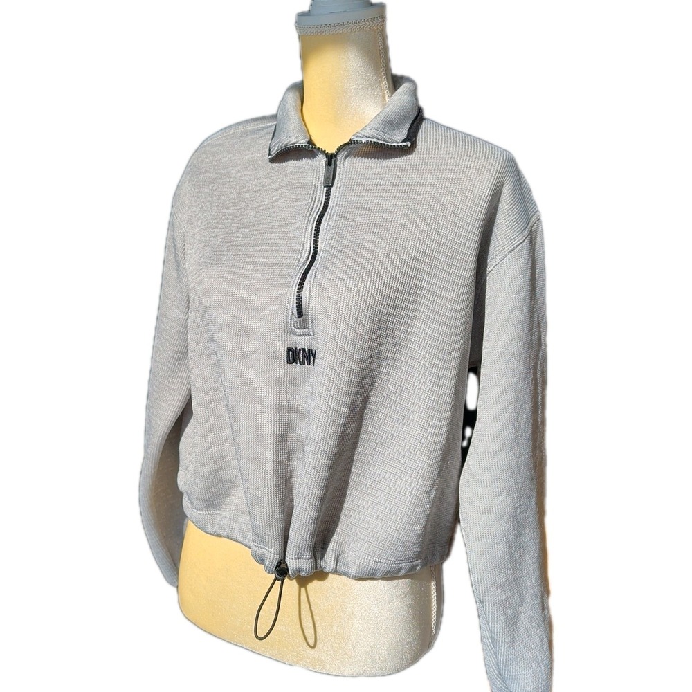 DKNY Women's Sweatshirt Size S Waffle Fabric 100% Poly Cropped Gray Long Sleeve